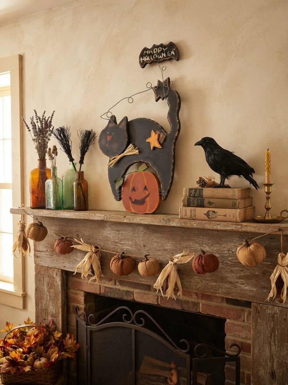 Vintage Rustic Black Cat & Pumpkin Halloween Wall Decor - Home Accents